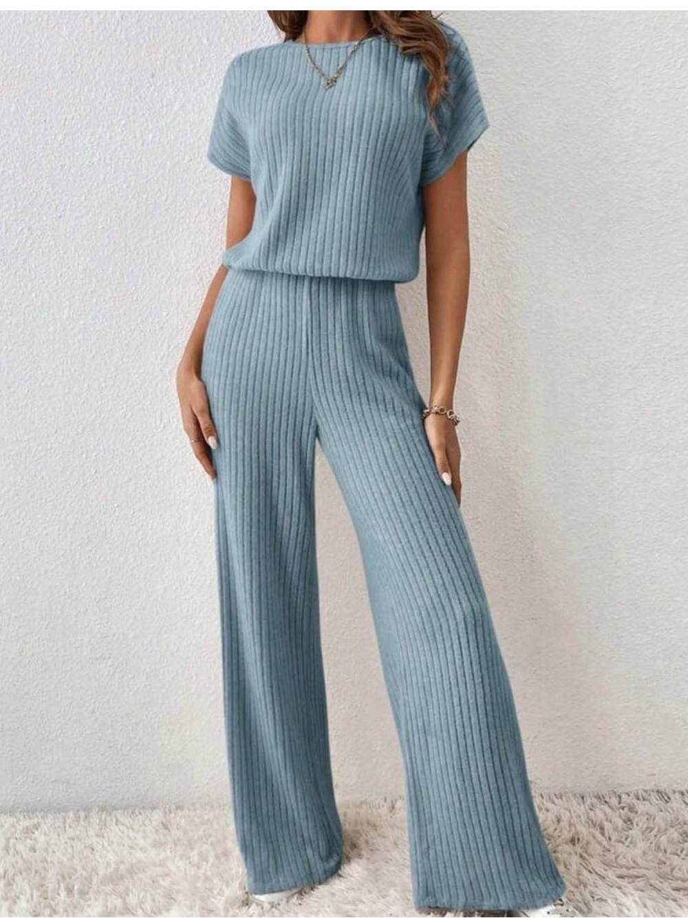 2 for $30 sale: Sky blue ribbed two-piece lounge set. Wide leg pants